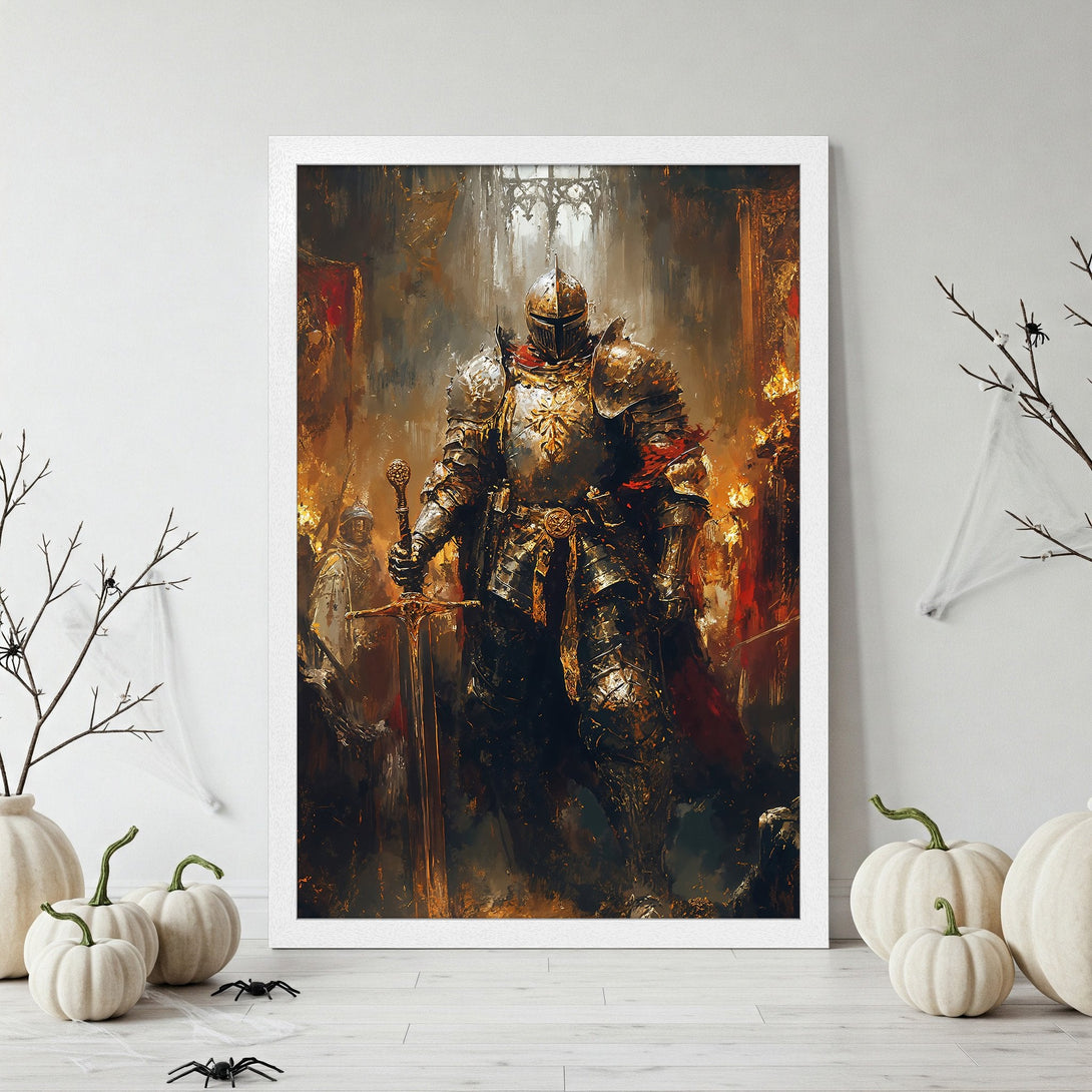 Framed Poster of a knight in dramatic, painterly style. Rich gold, red, and dark tones create a captivating medieval art print. Perfect wall decor.