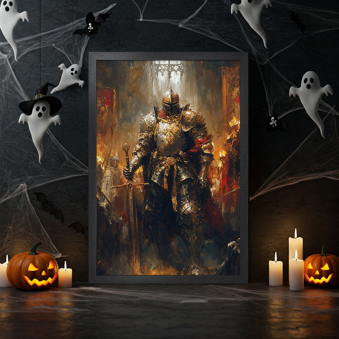 Framed Poster featuring a knight in armor, dramatic art style with gold, red, and black color palette, perfect Halloween decor.
