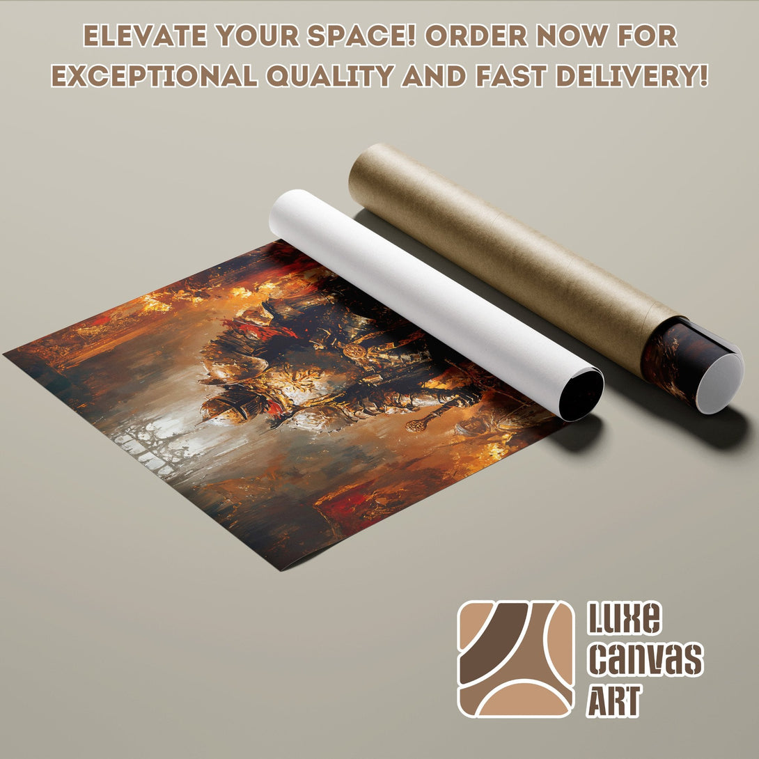 Abstract art poster roll featuring a knight in warm, earthy tones. Order your poster today!