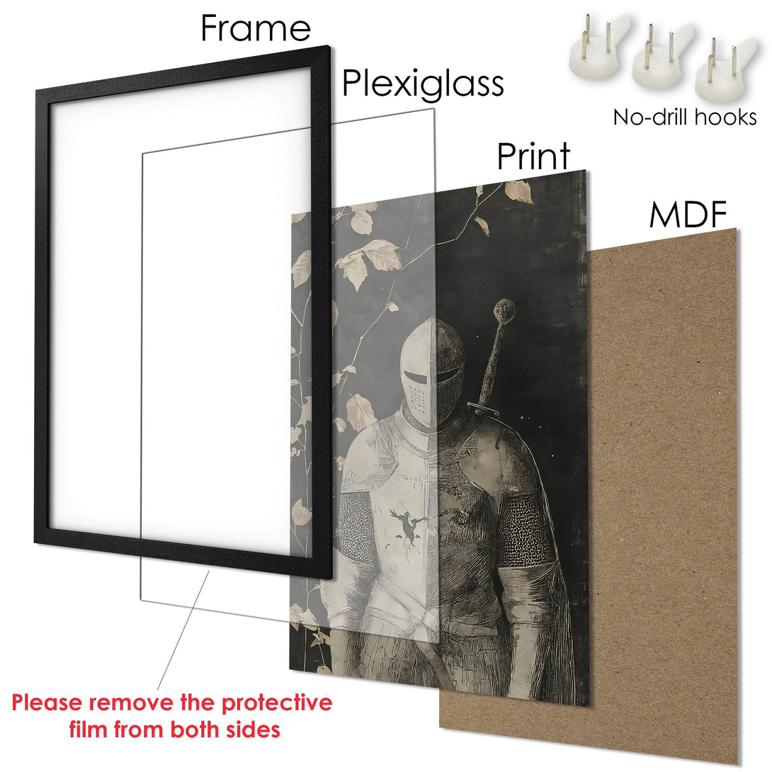 Framed Poster featuring a knight in grayscale art style. Perfect wall art for your home!