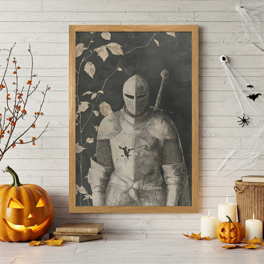 Framed Poster featuring a knight illustration in grayscale. Gothic style art with neutral color palette, perfect for Halloween decor.