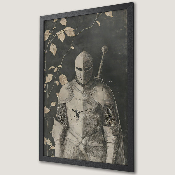 Framed Poster featuring a medieval knight illustration in monochrome tones. Perfect wall art for a vintage or gothic aesthetic.