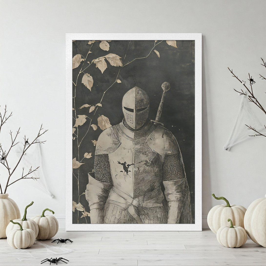 Framed Poster featuring a medieval knight illustration in sepia tones. Perfect wall art for a gothic or historical aesthetic.
