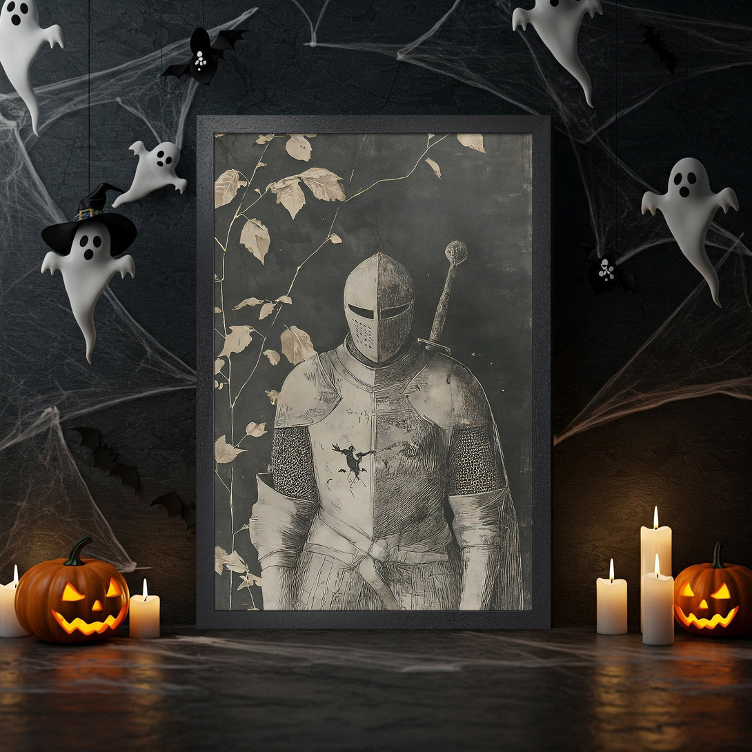 Framed Poster featuring a medieval knight illustration. Gothic style, monochrome palette with Halloween decor. Perfect wall art!