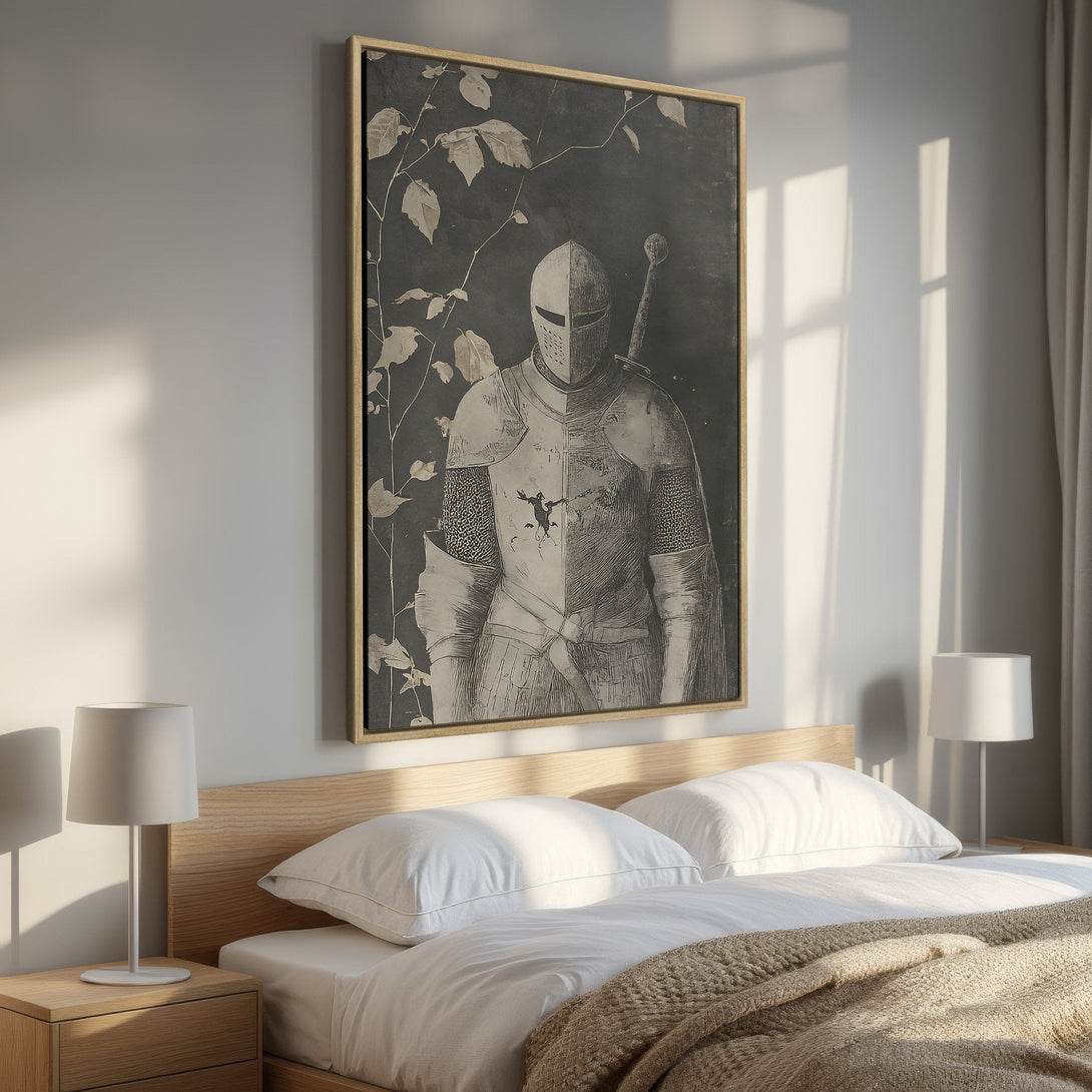 Framed Wall Art: Medieval knight illustration in grayscale. Adds a touch of history and elegance to your bedroom decor. Neutral tones complement any interior style.