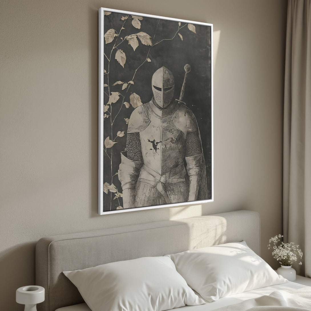 Framed Wall Art: Medieval knight illustration in neutral tones. Perfect for adding a touch of history and elegance to your bedroom decor. Explore our art collection!