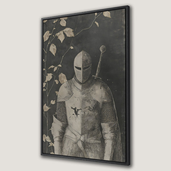 Framed Wall Art featuring a medieval knight in monochrome tones. Dramatic artwork with a vintage, etched style, perfect for adding a touch of history to your space.