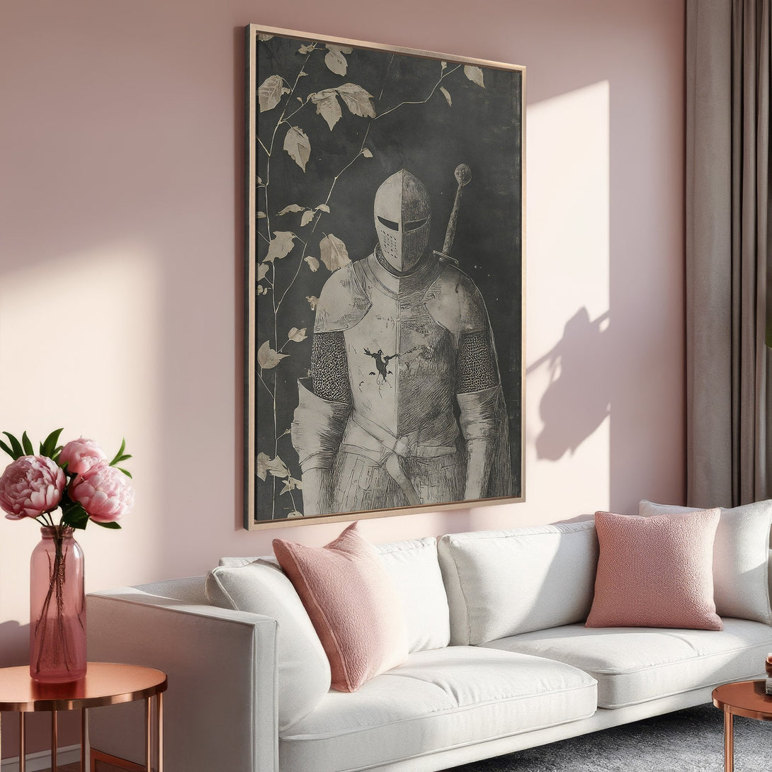 Framed Wall Art featuring a knight illustration in grayscale, displayed in a stylish interior with a pink and neutral color palette.