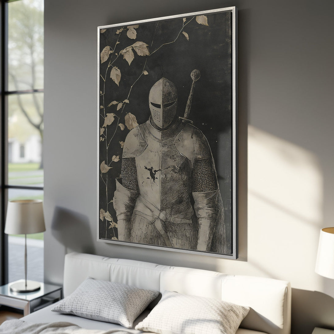 Framed Wall Art featuring a medieval knight. Vintage style artwork with a muted black, gray, and gold color palette. Perfect for adding a touch of history to your decor.