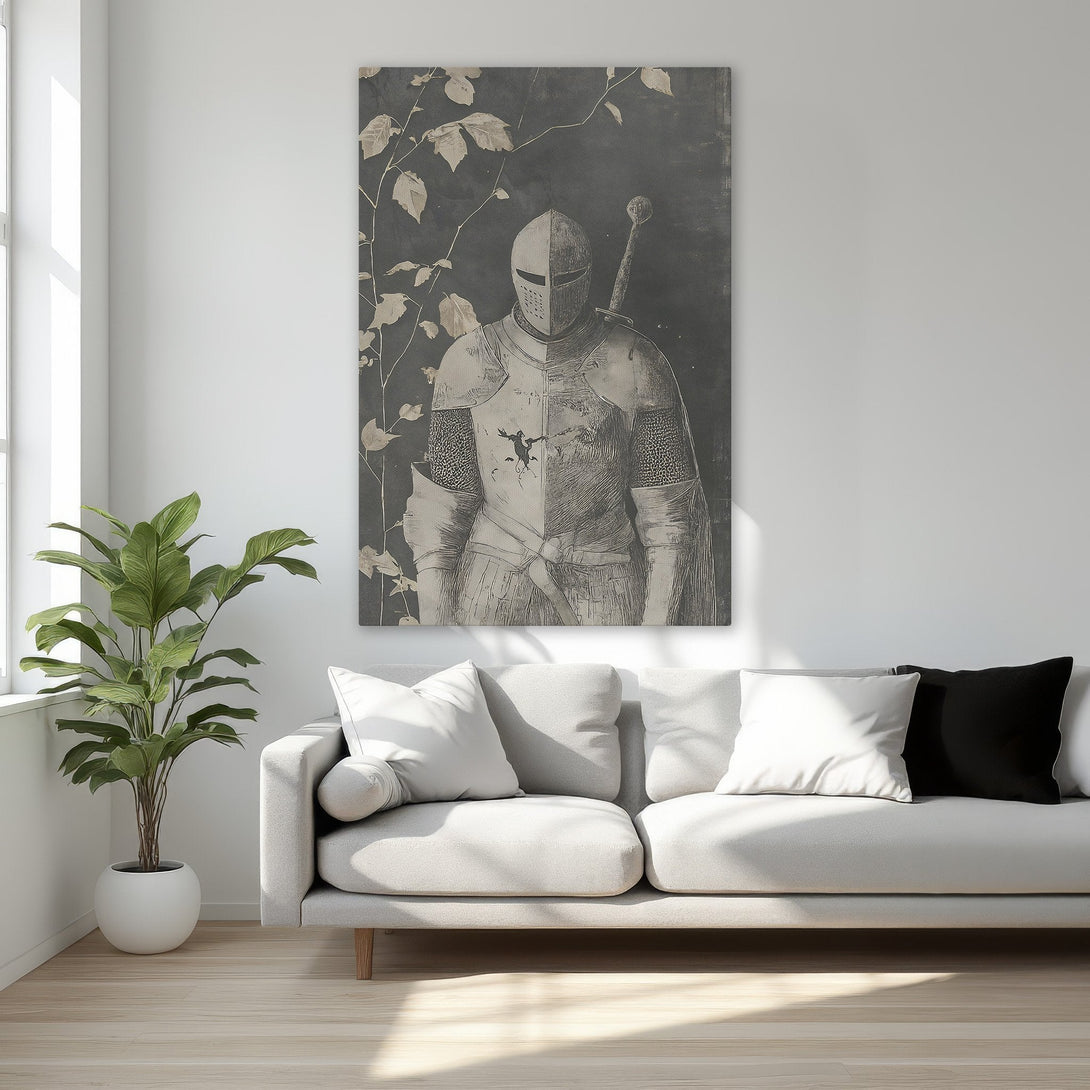 Framed Wall Art featuring a knight illustration in a vintage style, with a neutral color palette. Perfect for adding a touch of history to your decor.