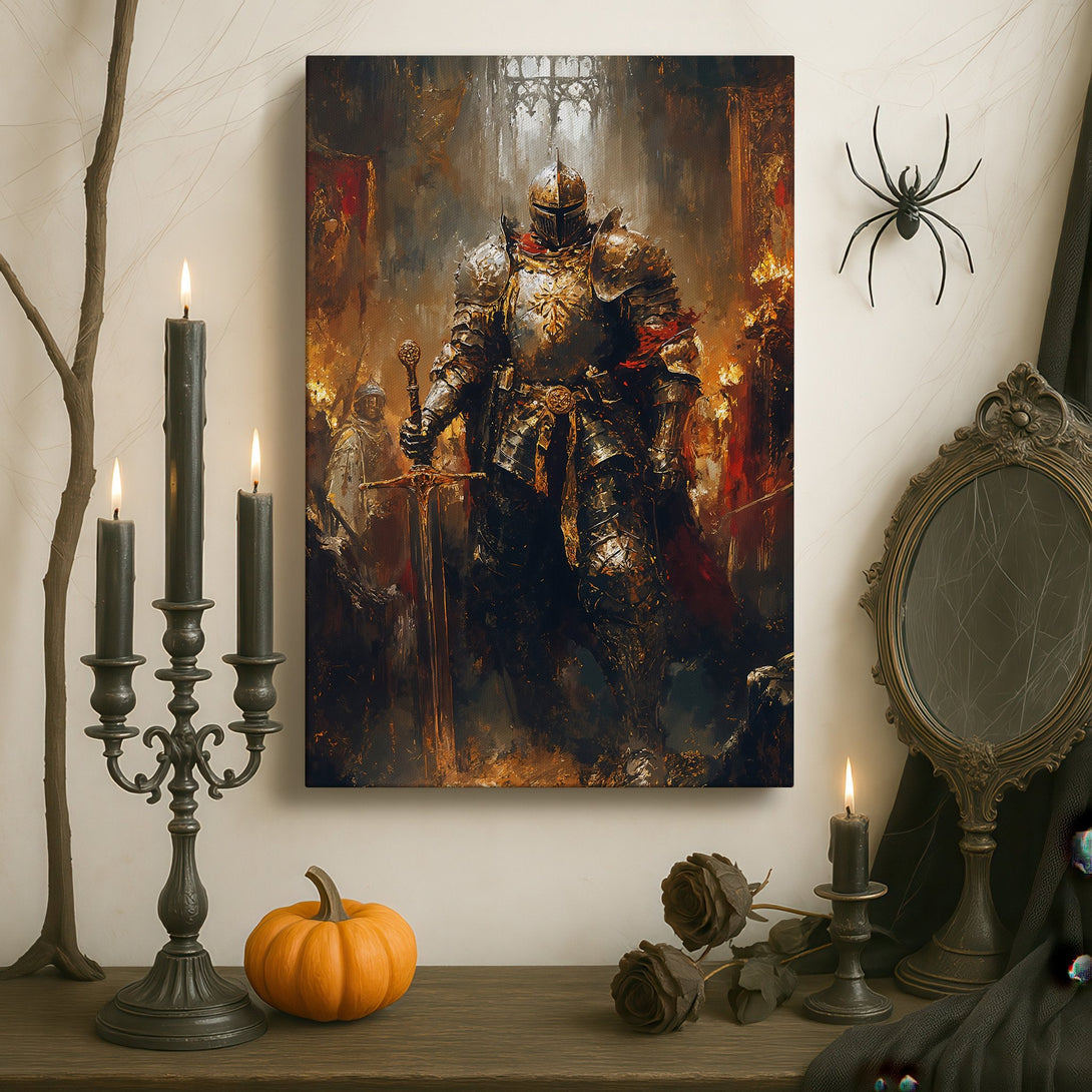 Framed Wall Art: Dramatic knight artwork with a warm, antique gold and red color palette. Perfect for adding a touch of medieval elegance to your home decor.