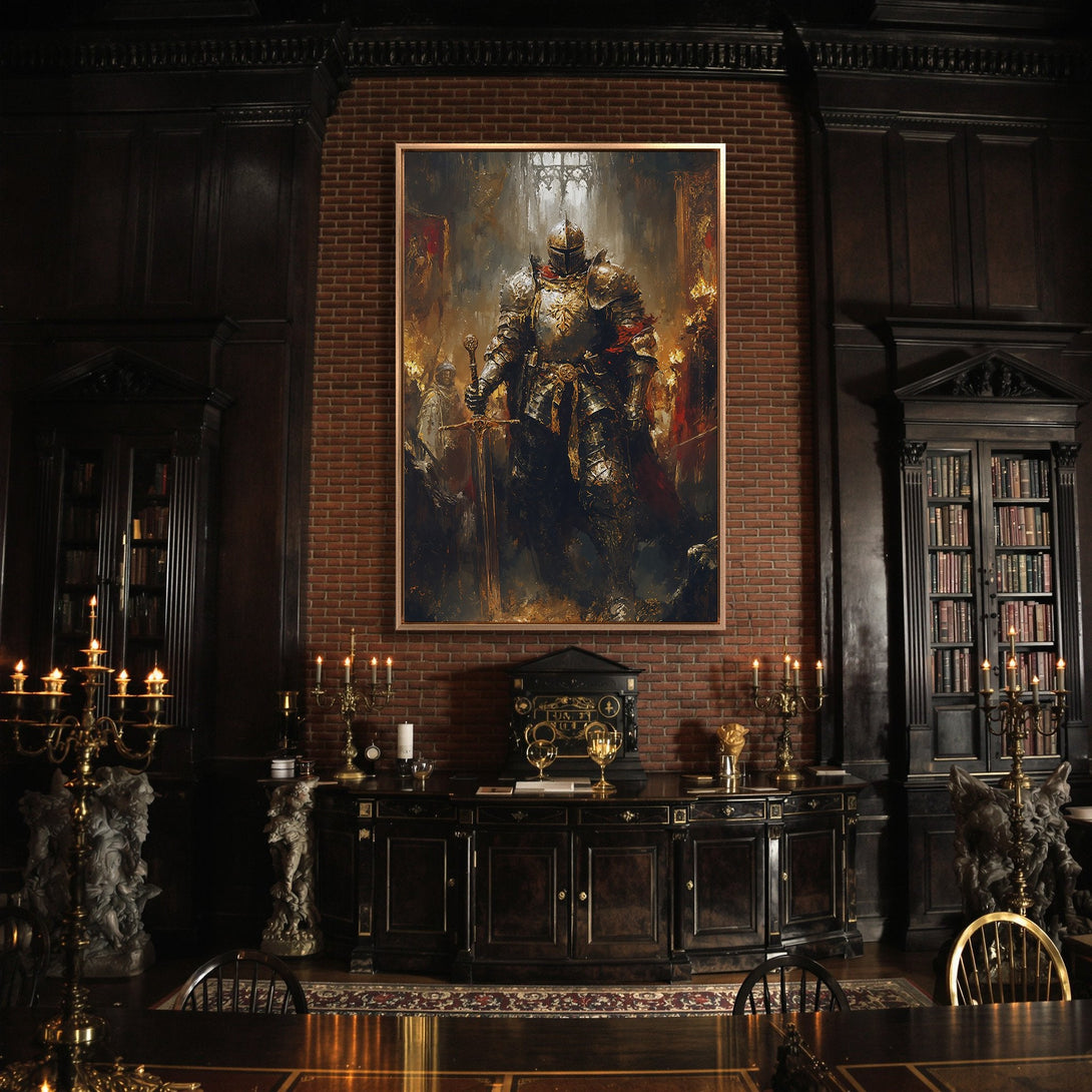 Framed Wall Art: Dramatic knight painting in warm gold, red, and dark tones. Perfect medieval decor for a unique, artistic touch.