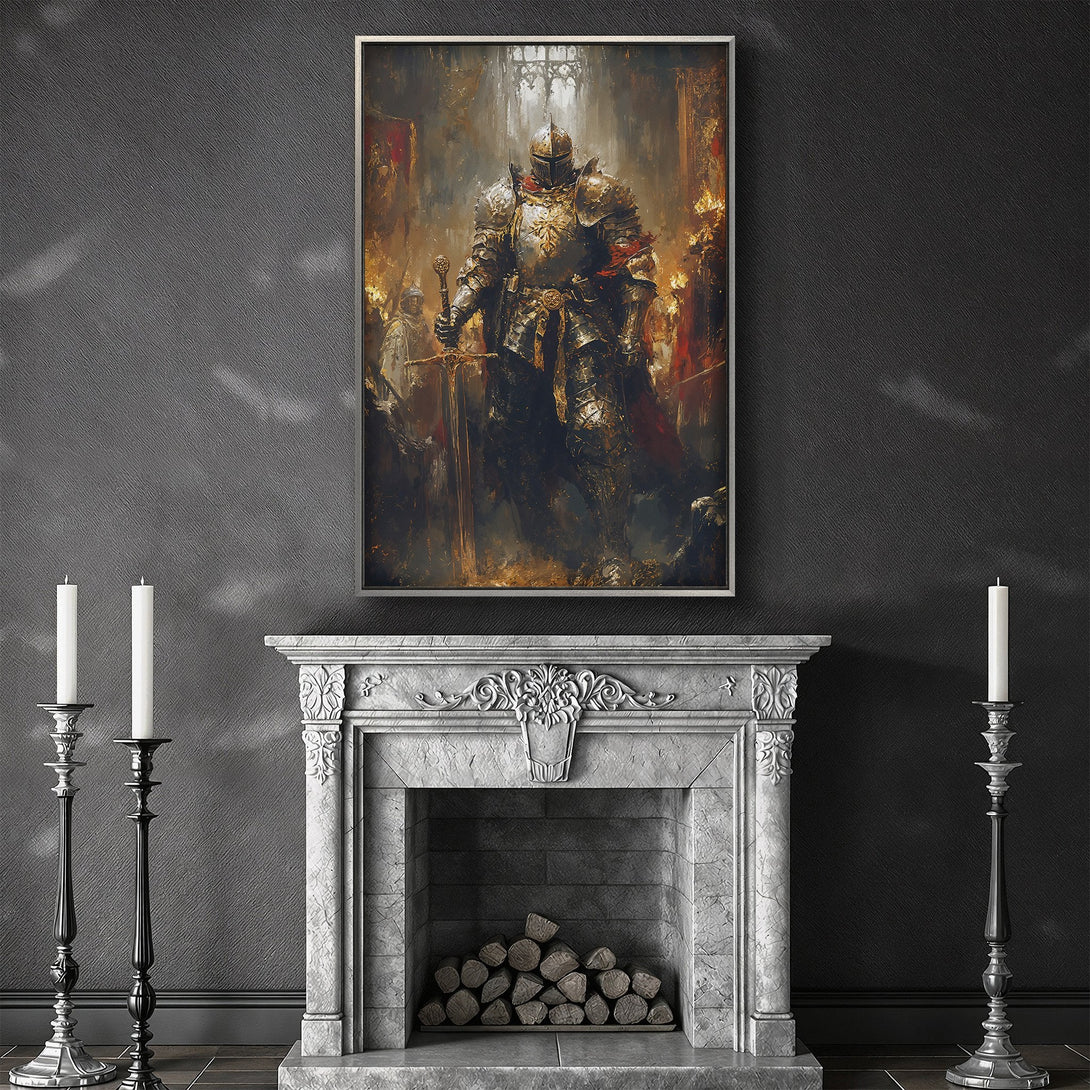 Framed Wall Art: Knight in armor with sword, dramatic painting in warm tones displayed in a modern interior. Perfect for adding a touch of history.