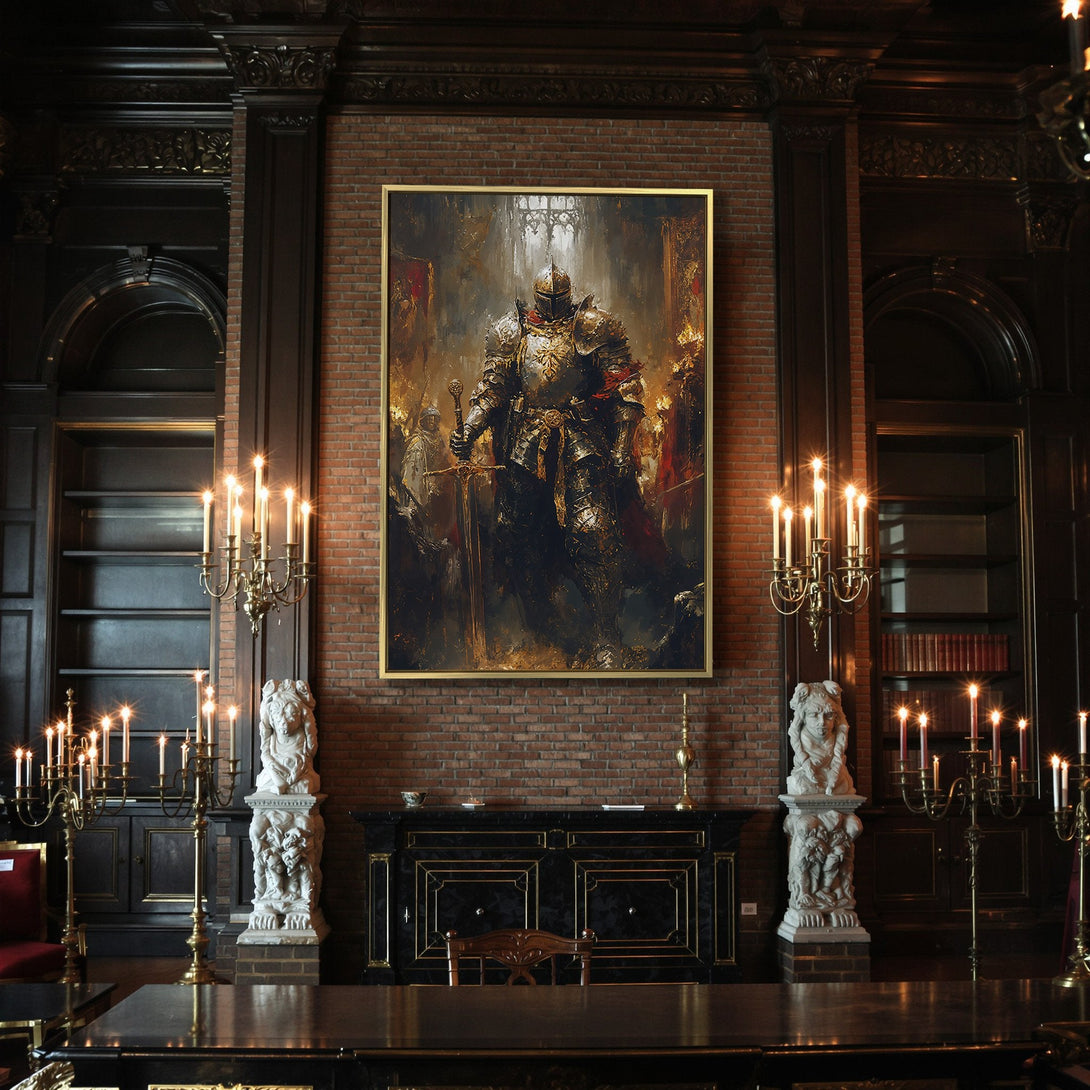 Canvas Print of a medieval knight with a sword, in a dramatic, painterly style. Features a warm, golden and dark color palette.