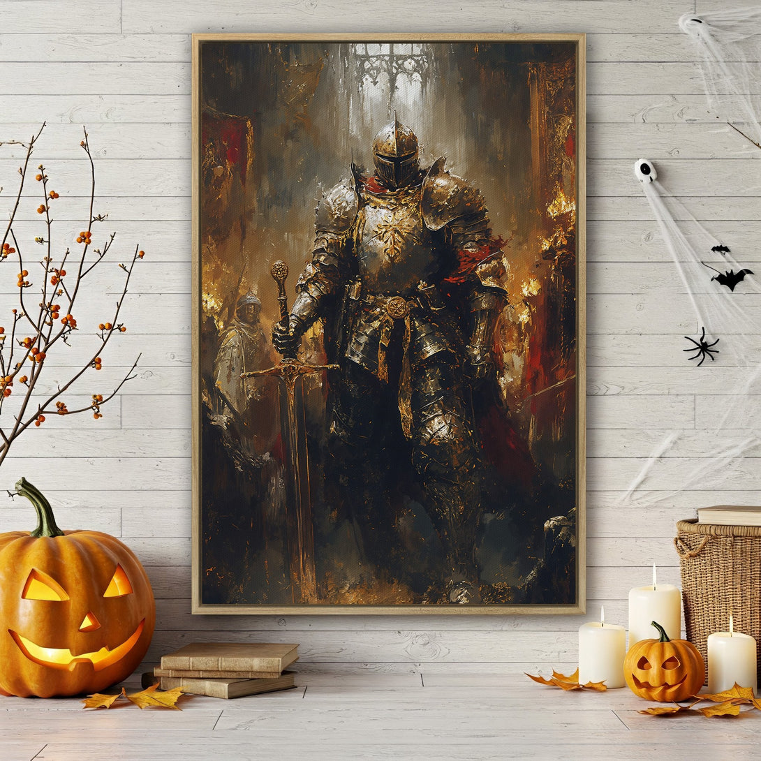 Framed Wall Art: Epic knight in detailed, painterly style. Earthy tones with pops of red and gold. Perfect for adding a touch of history & drama.