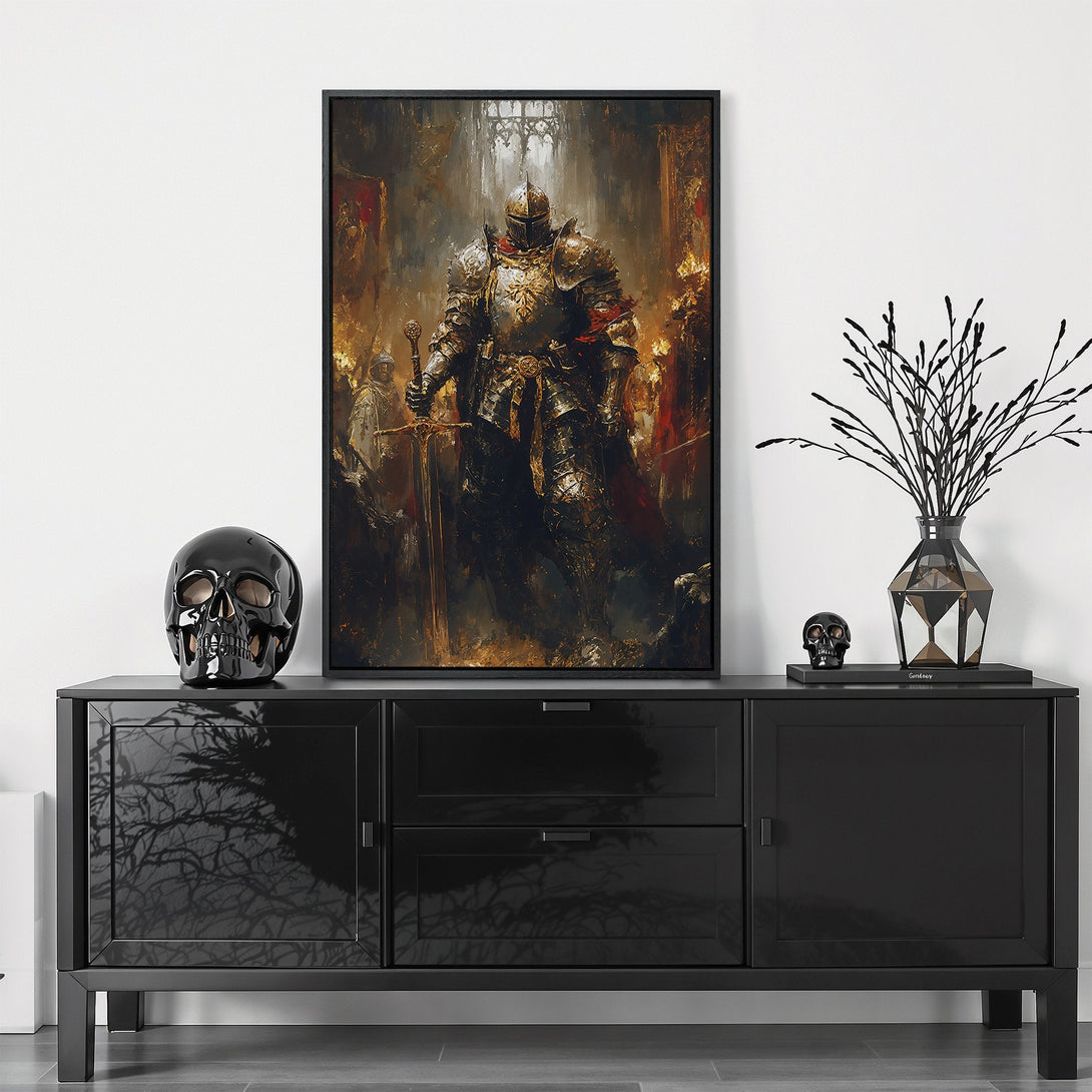 Framed Wall Art: Dramatic knight artwork in a dining room. Medieval style with gold, red, and dark tones. Elevate your space with this stunning Canvas Print.