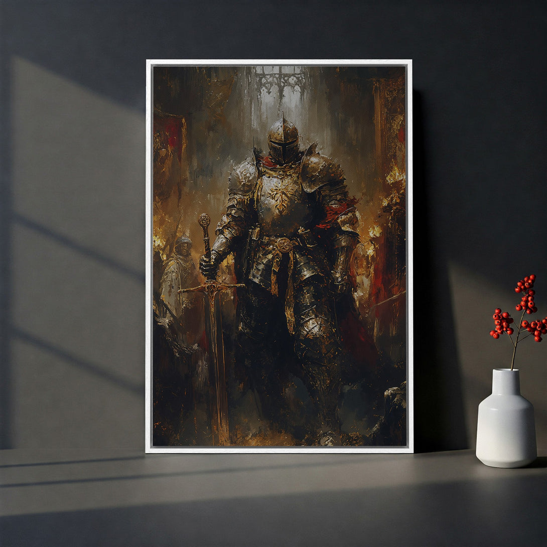Framed Wall Art: Dramatic knight painting in a bedroom. Medieval style with gold, grey, and red tones. Enhance your space with this stunning artwork.