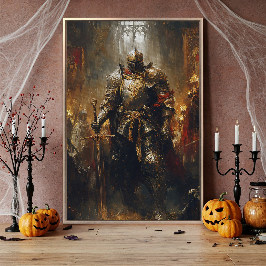Framed Wall Art: Medieval knight canvas print in warm tones. Enhance your space with this captivating artwork, featuring a dramatic, historical scene.
