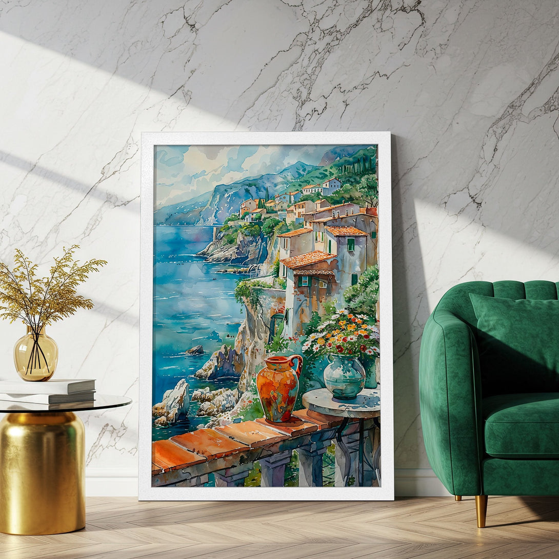 Framed Poster of a coastal Italian village in watercolor style. Features a blue, orange, and green color palette. Perfect wall art!