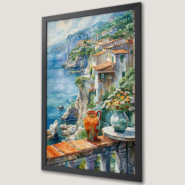 Framed Poster of a watercolor coastal scene. Features a vibrant blue and green palette, capturing the beauty of the Italian coast. Perfect wall art!