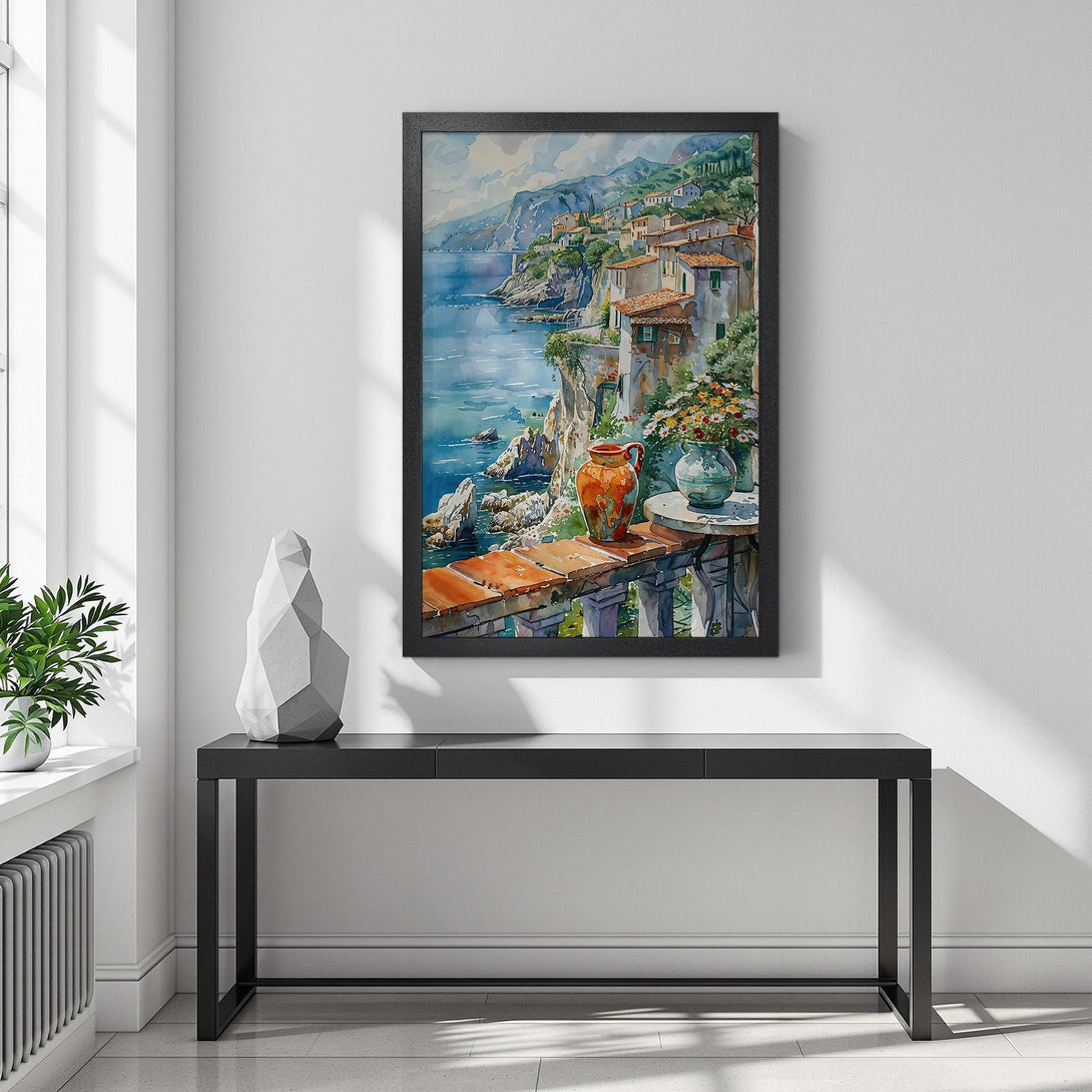 Framed Poster of coastal village watercolor art. Features blues, greens, & warm tones. Perfect wall decor for a serene living space. Shop now!