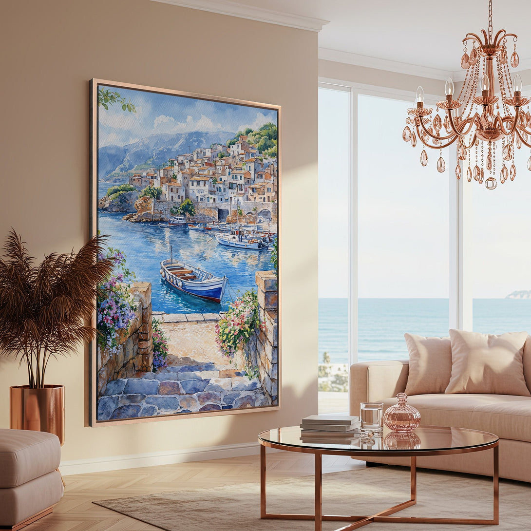 Framed Wall Art: Coastal watercolor painting in blue and beige tones. Perfect for adding a touch of serenity to your home decor.