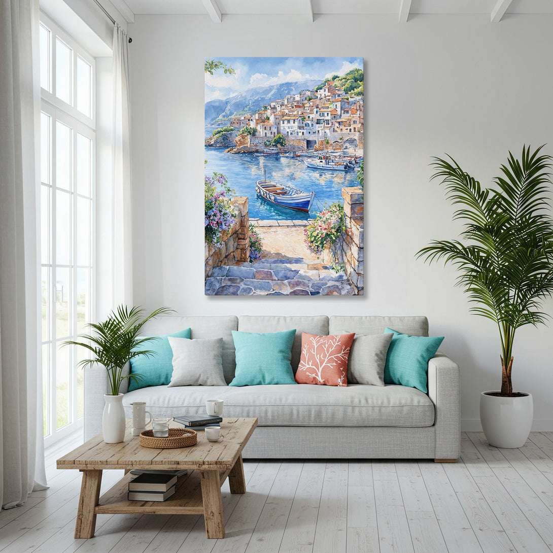 Framed Wall Art: Coastal watercolor painting in blue and gold tones, displayed in a bright, modern living room. Enhance your home decor with art!