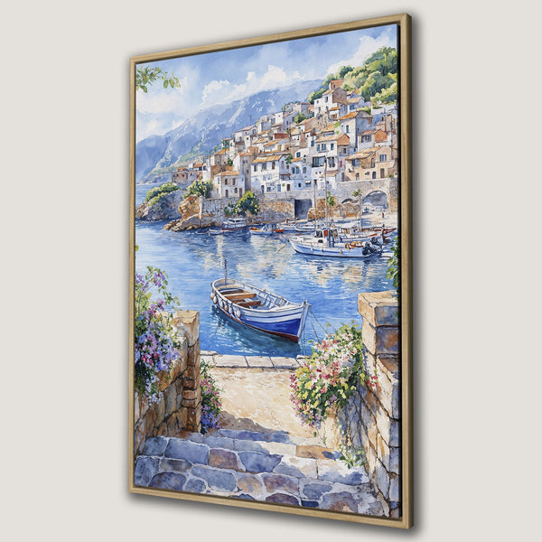Framed Wall Art of a coastal village scene in watercolor style. Features blue, white, and earth tones. Perfect for adding a touch of Mediterranean charm.