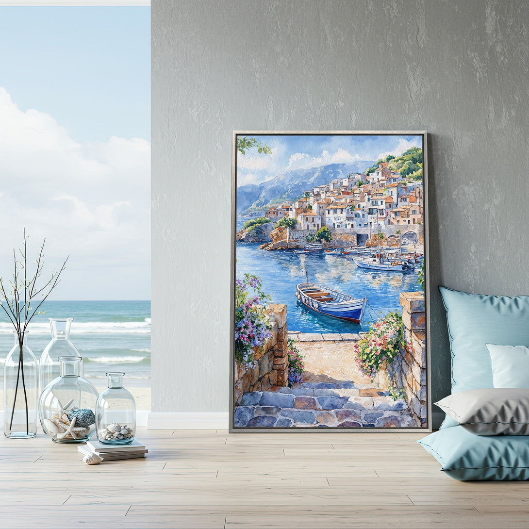Framed Wall Art: Coastal village watercolor painting. Blue, white, and earth-tone palette. Perfect for adding a touch of serenity to your home decor.