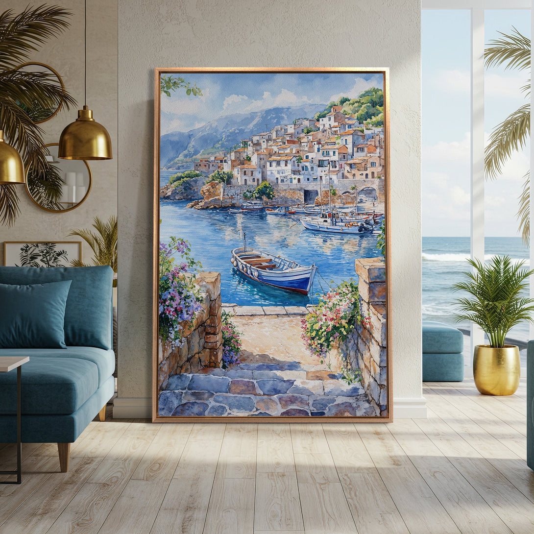 Framed Wall Art: Watercolor coastal scene in blue, white, and earth tones. Adds a touch of serenity and Mediterranean charm to any space. Perfect for home decor.