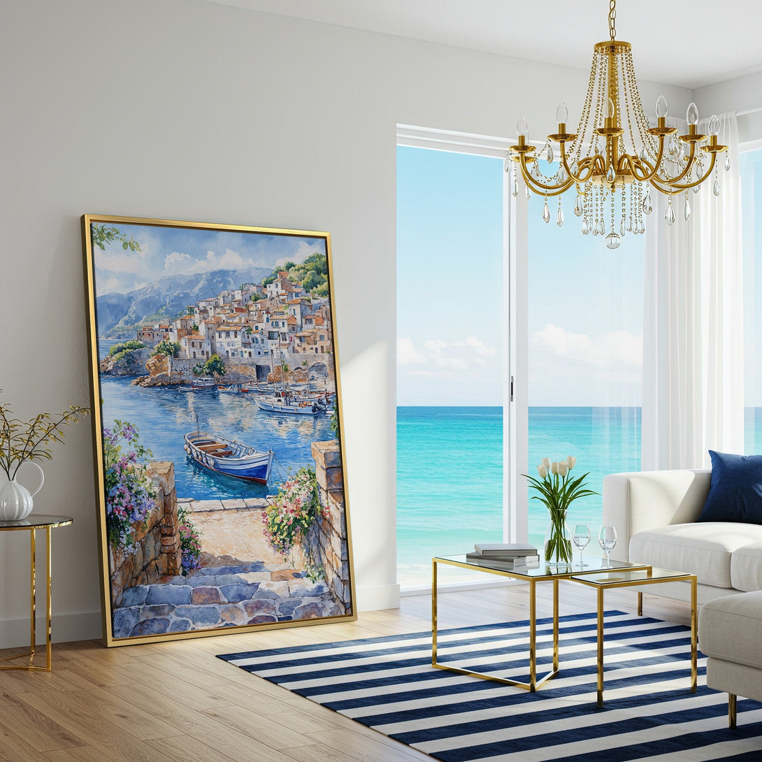 Canvas Print of a coastal village scene, watercolor style. Features blue, white, and earth-toned palette, perfect for adding a touch of serenity to your home.
