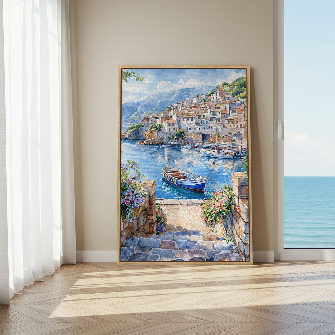 Framed Wall Art: Coastal watercolor painting of a charming village with boats. Blue, white, and earth-tone color palette. Perfect for adding a touch of serenity.