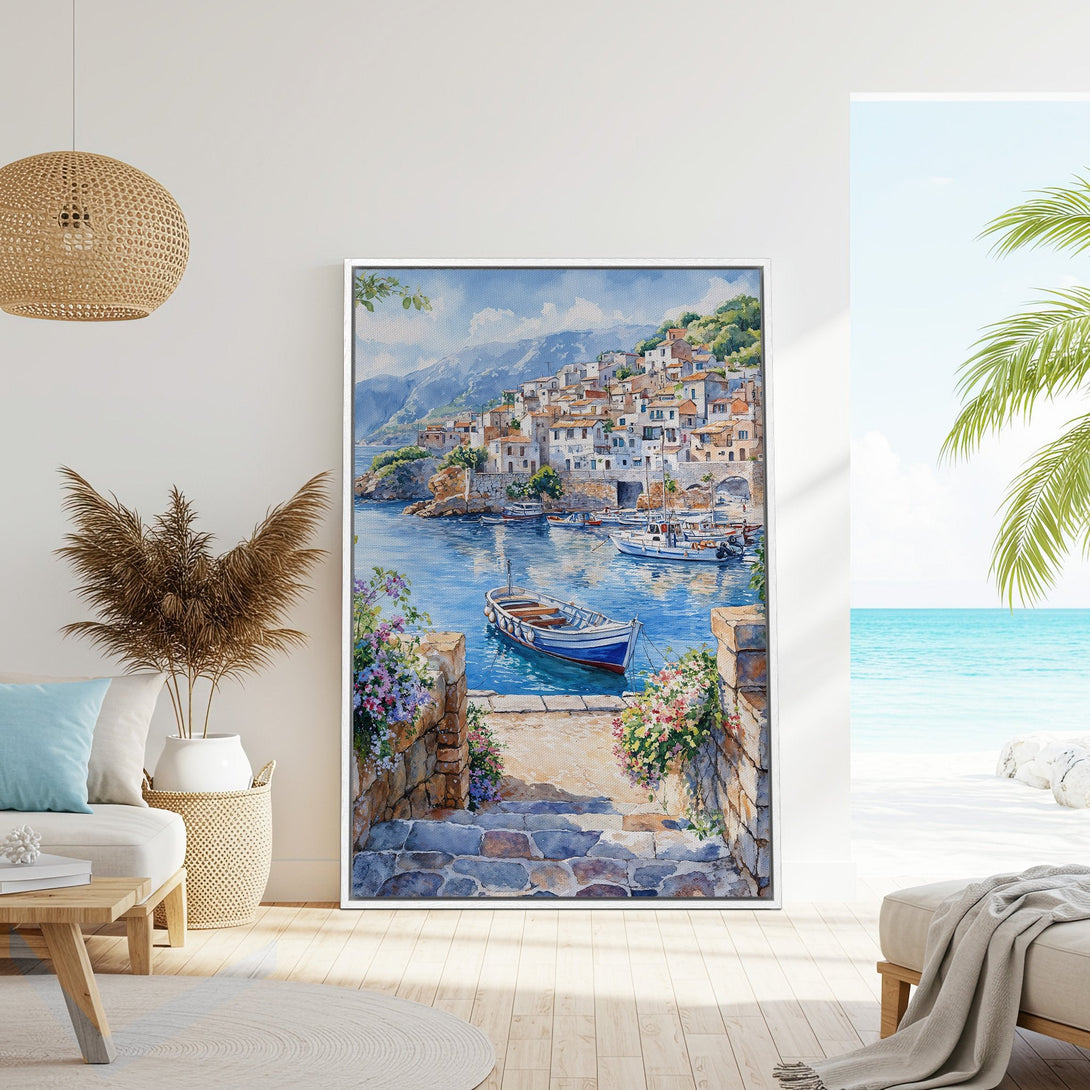 Framed Wall Art: Coastal watercolor painting of a Mediterranean village in blue and white tones. Perfect for adding a touch of serenity to your home.
