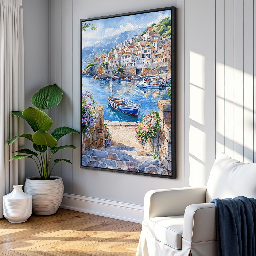 Framed Wall Art: Watercolor coastal scene with boats & village, in blue, white, and earth tones. Perfect for adding a touch of serenity to your home.