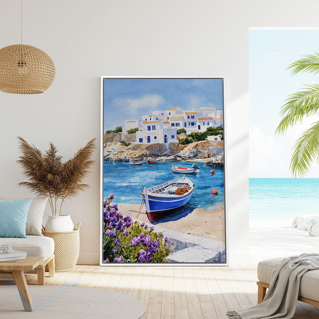Framed Wall Art: Coastal watercolor painting of a Greek village with blue boats, vibrant blues, whites, and pops of purple. Perfect for beach house decor.
