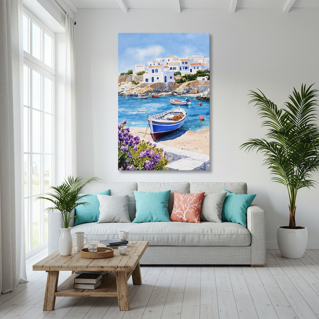 Framed Wall Art: Coastal scene Canvas Print with blue, white, and gold color palette. Perfect for adding a touch of serenity to your home decor.