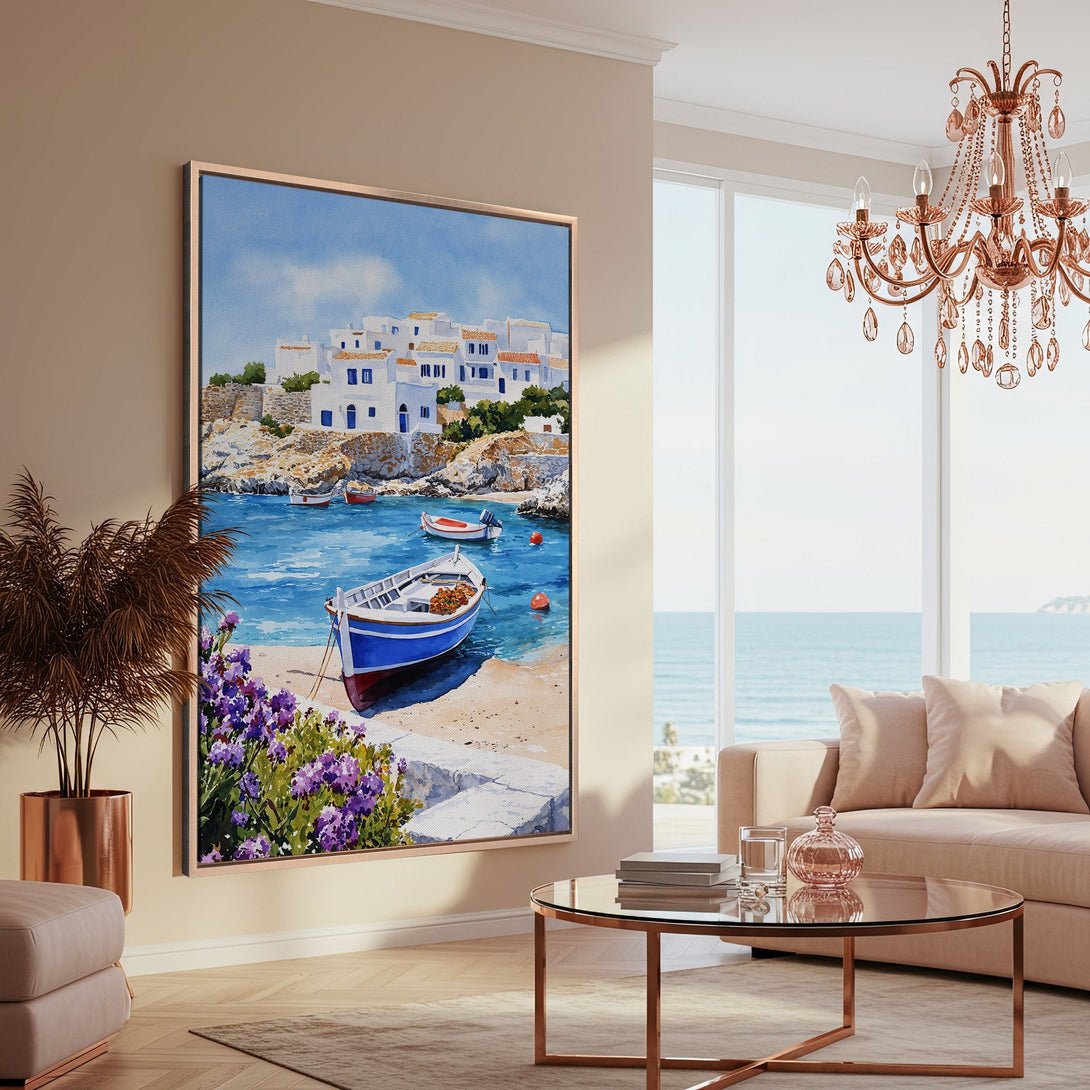 Framed Wall Art: Coastal watercolor painting in a living room. Blue, white, and beige palette. Bring the serene beauty of the sea to your home!