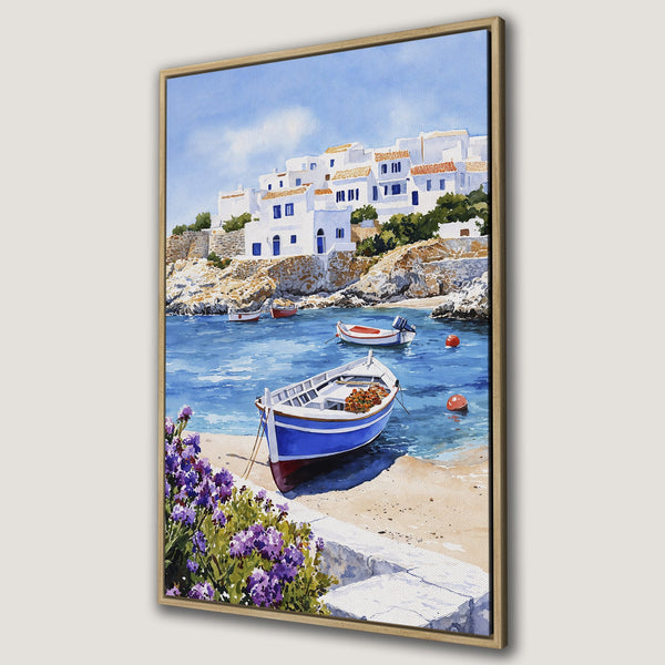 Framed Wall Art: Coastal watercolor painting of a Greek village with boats. Blue, white, and earth-toned palette. Perfect for adding a touch of serenity.