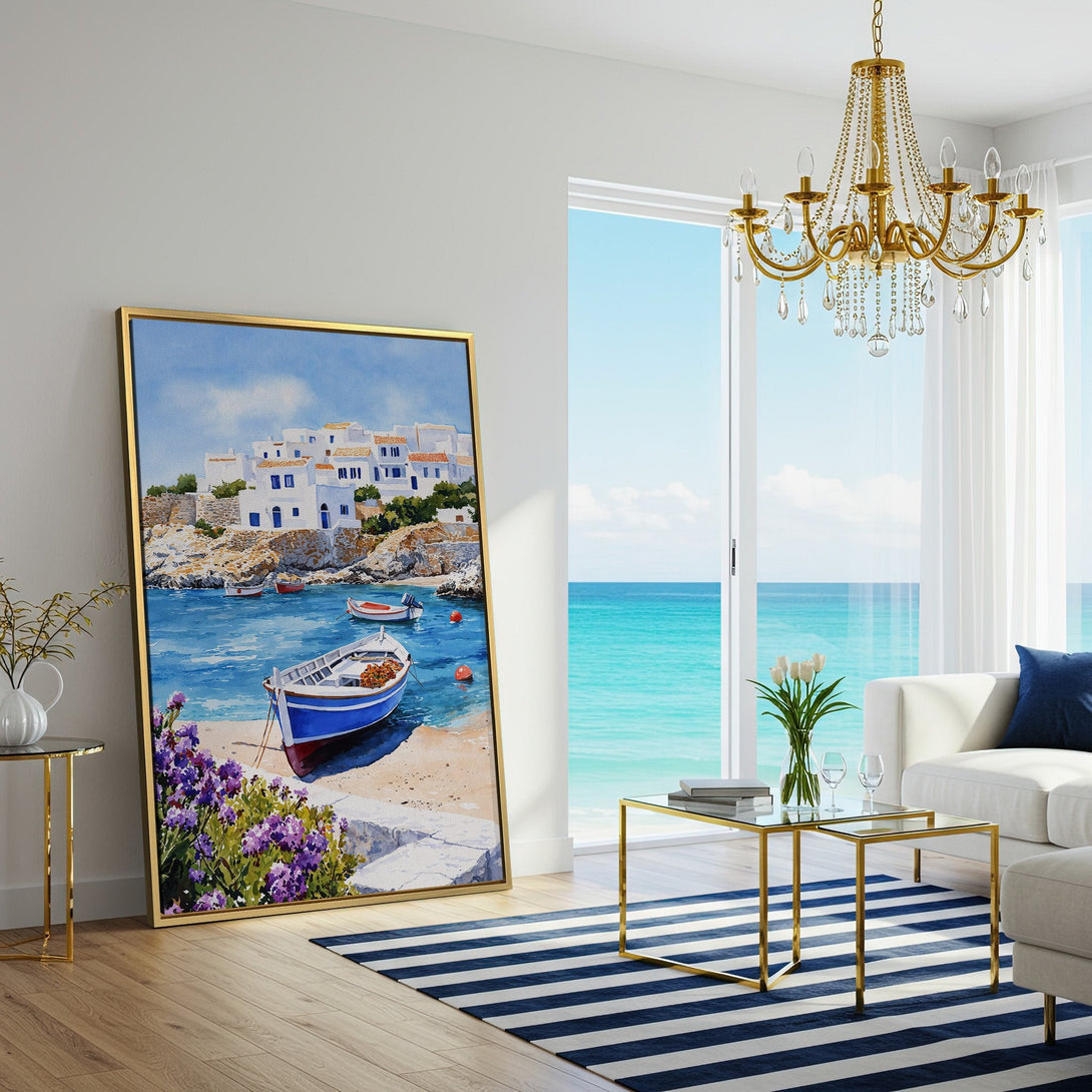 Canvas Print of a Mediterranean coastal scene. Watercolor style with blue, white, and sandy tones. Perfect wall art for a serene living room.