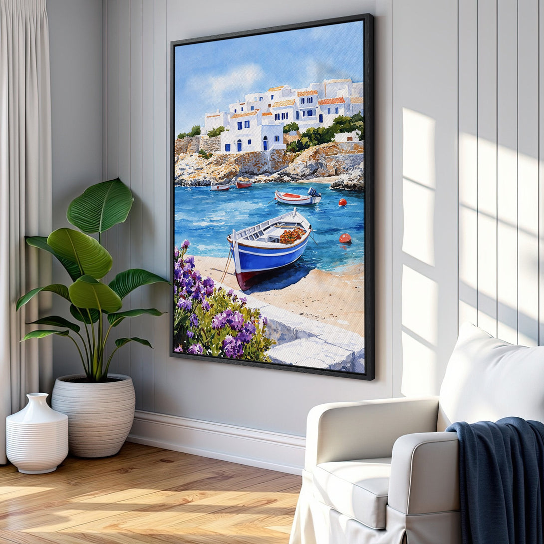 Framed Wall Art: Coastal watercolor painting of a Greek village with boats, blue water, and white buildings. Serene art with a blue and white color palette.
