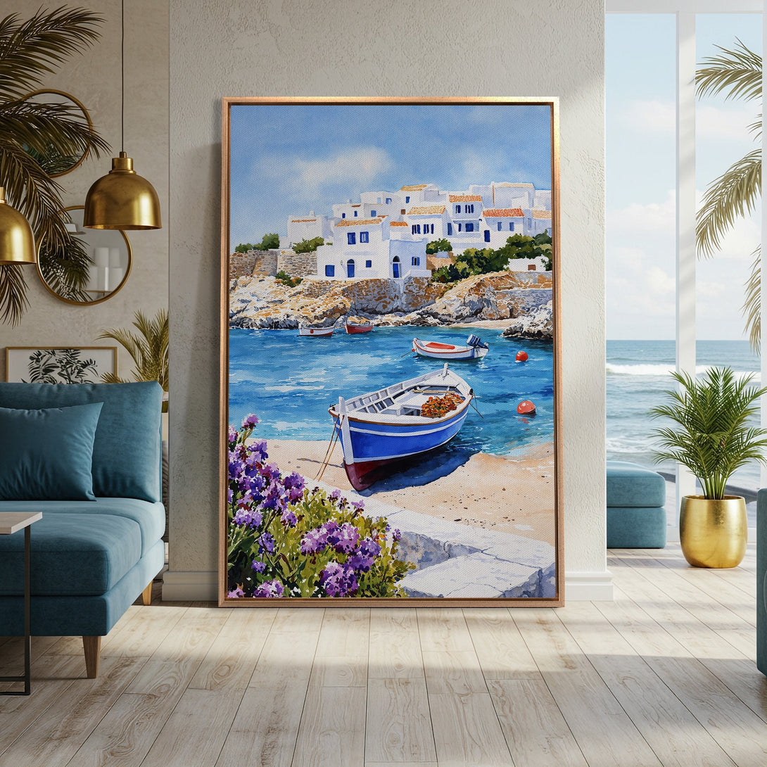 Framed Wall Art featuring a serene coastal scene with white buildings, boats, and blue water. Watercolor style with a calming blue and white color palette.
