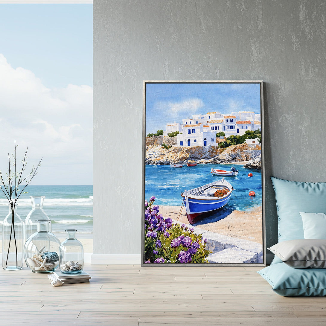 Framed Wall Art: Coastal village scene in blue, white, and yellow. A vibrant canvas print adds a touch of Mediterranean charm to any space.