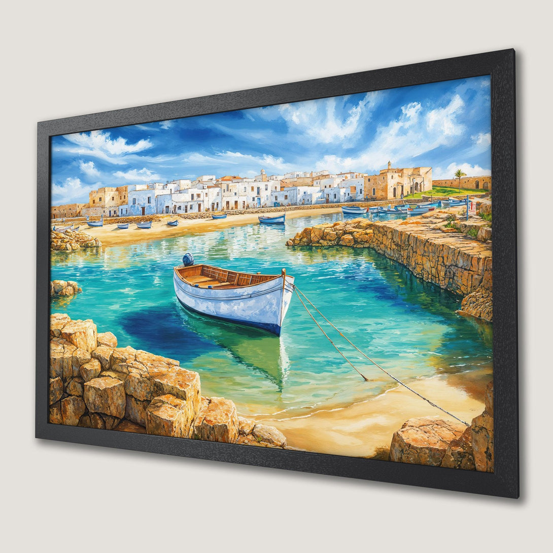 Framed Poster of a coastal scene with a boat, in a vibrant blue, white, and yellow palette. Perfect wall art!