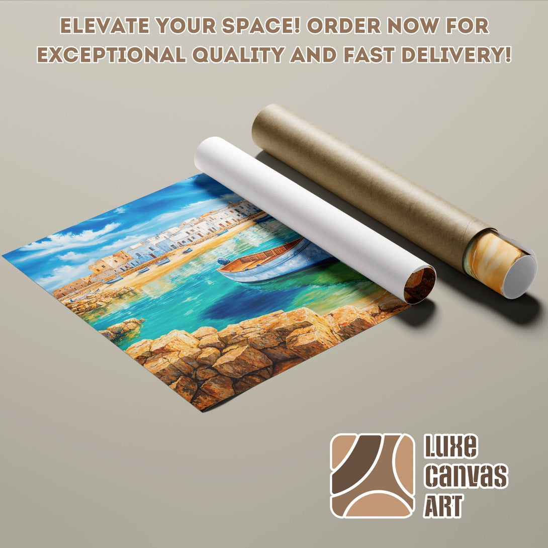 Poster Roll featuring a coastal landscape painting with blue, turquoise, and earth-tone colors.