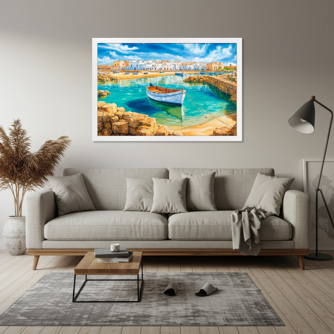 Framed Poster of a coastal scene with a boat. Mediterranean style art with turquoise waters and white buildings. Perfect wall decor.