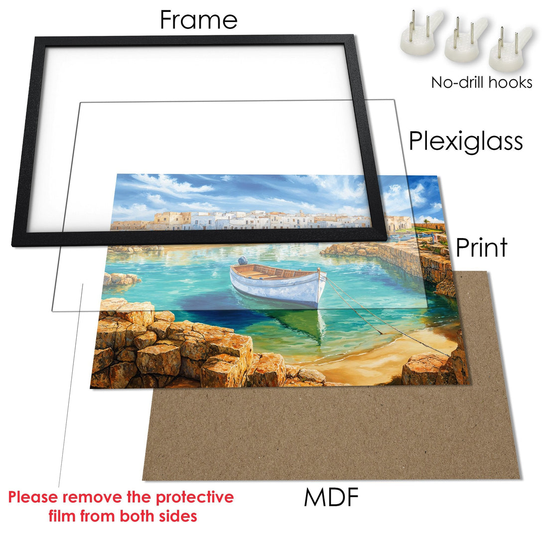 Framed Poster: Coastal art print with boat, blue water, and sky. Perfect wall decor in a black frame.