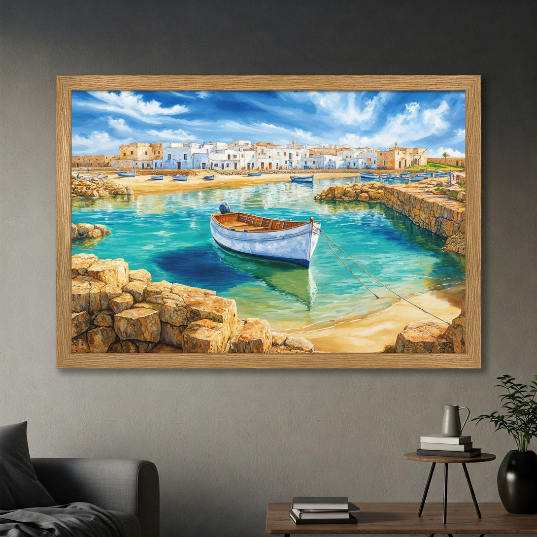 Framed Poster of a coastal scene with a boat, white buildings, and turquoise water. Impressionistic style, warm color palette.