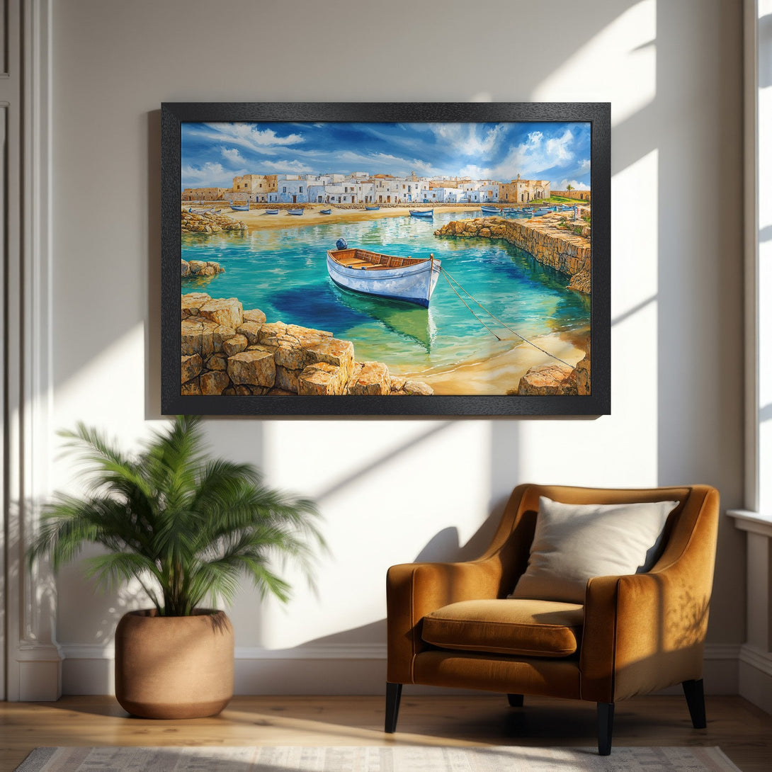 Framed Poster of coastal scene in a watercolor style, featuring a boat in turquoise water, with a blue and white color palette.