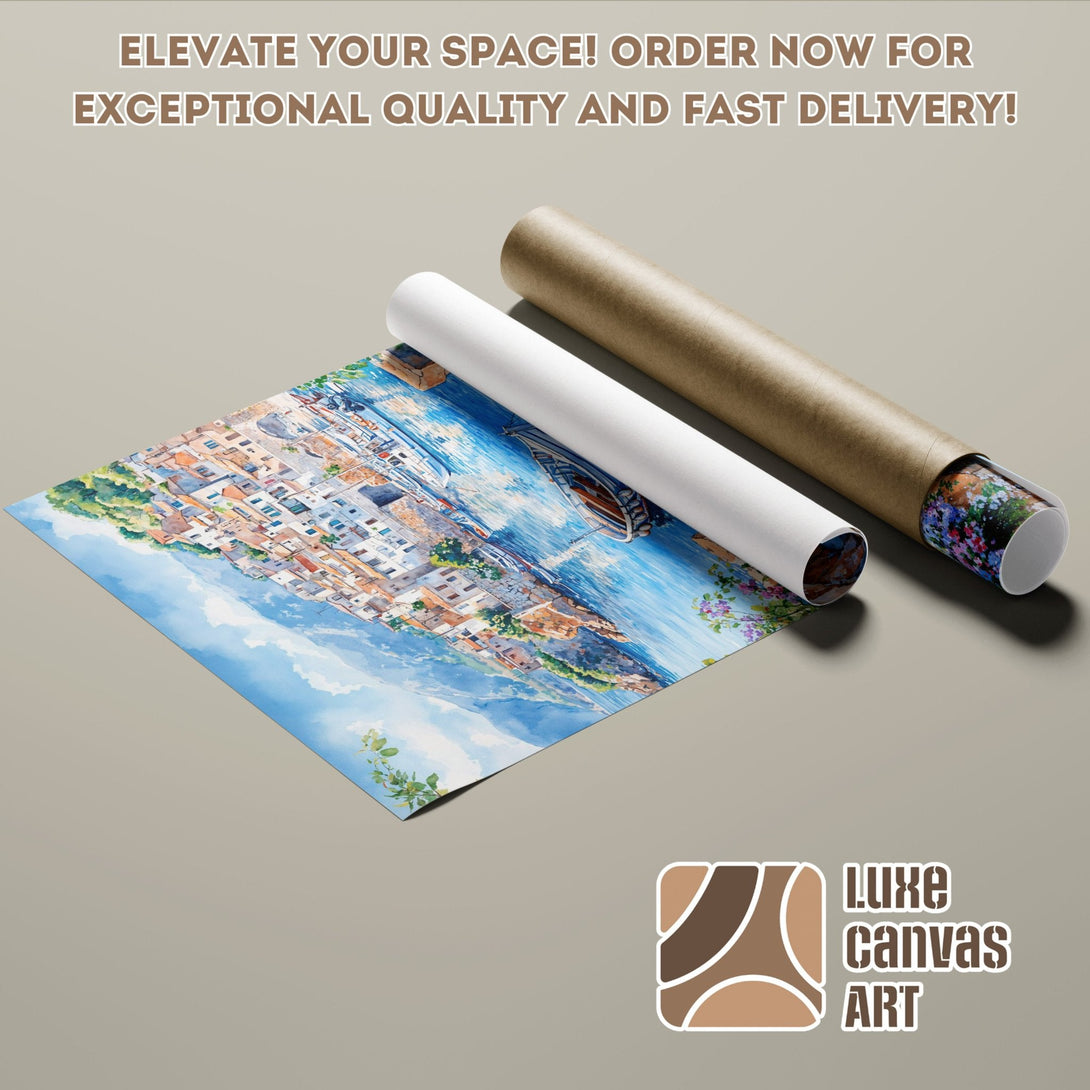 Watercolor Poster Roll featuring a coastal village with a blue and earth-tone palette. Perfect wall art!