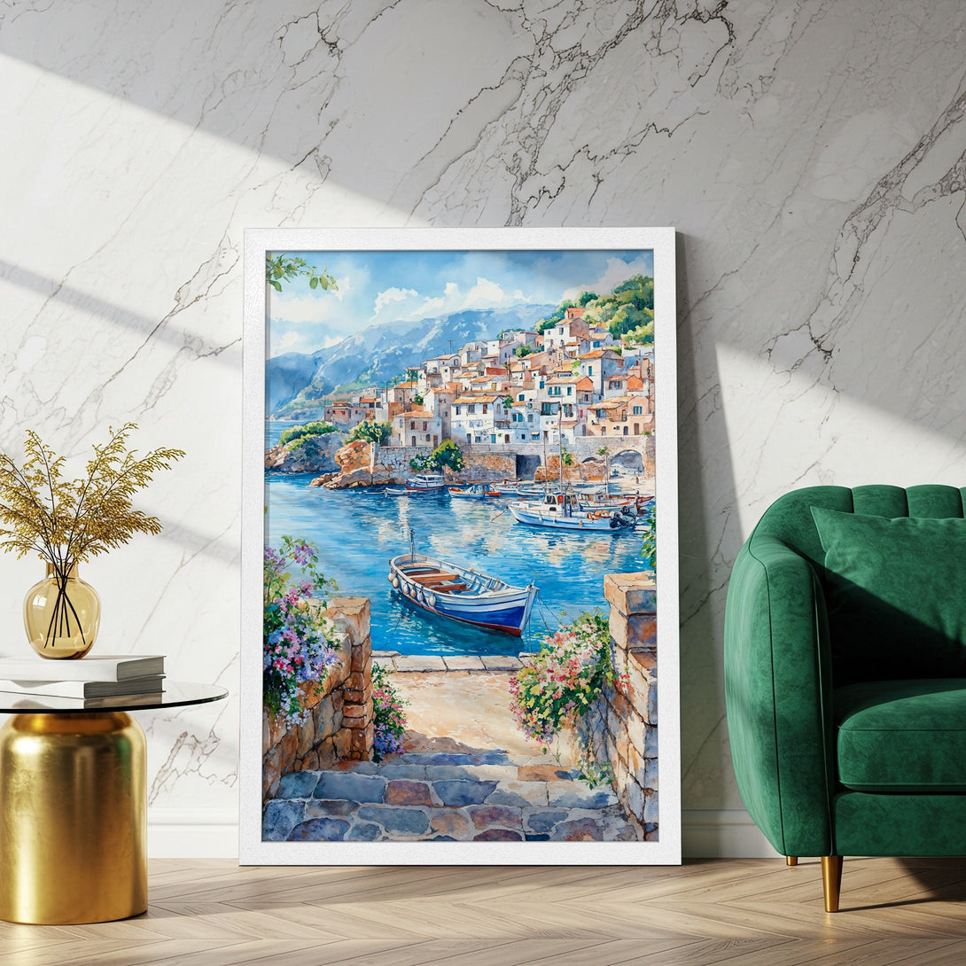 Framed Poster of a coastal village in watercolor style. Features a blue and white color palette, perfect for adding a touch of serenity to your home.
